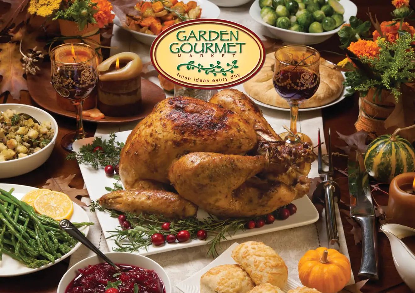 Holiday dinner spread with roasted turkey and sides